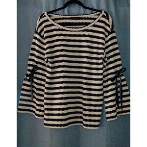 Sanctuary Sweater Size Large Striped Beige Black Satin Bows Cotton Bell Sleeve